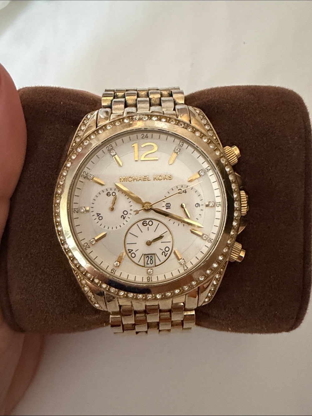 Michael Kors Gold and White Crystal Bezel Chronograph Watch